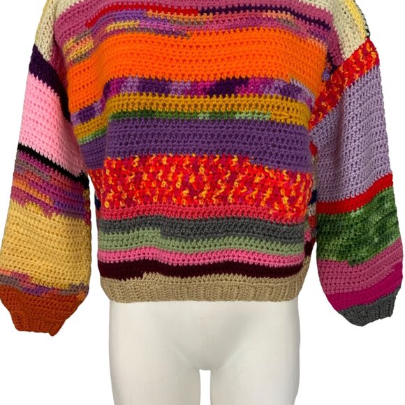 Scrap Yarn Colorful Crochet Sweater Jumper S Balloon Sleeve Crewneck Grandmacore - Picture 8 of 11